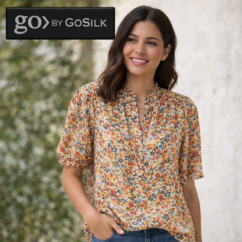 Go by GoSilk NWT Silk Floral Multicolor Short Sleeve Blouse Size Small